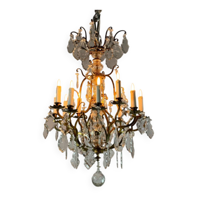 Lustre cage de style Louis XV en bronze doré garni de pampilles vers 1920