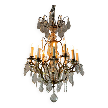 Lustre cage de style Louis XV en bronze doré garni de pampilles vers 1920