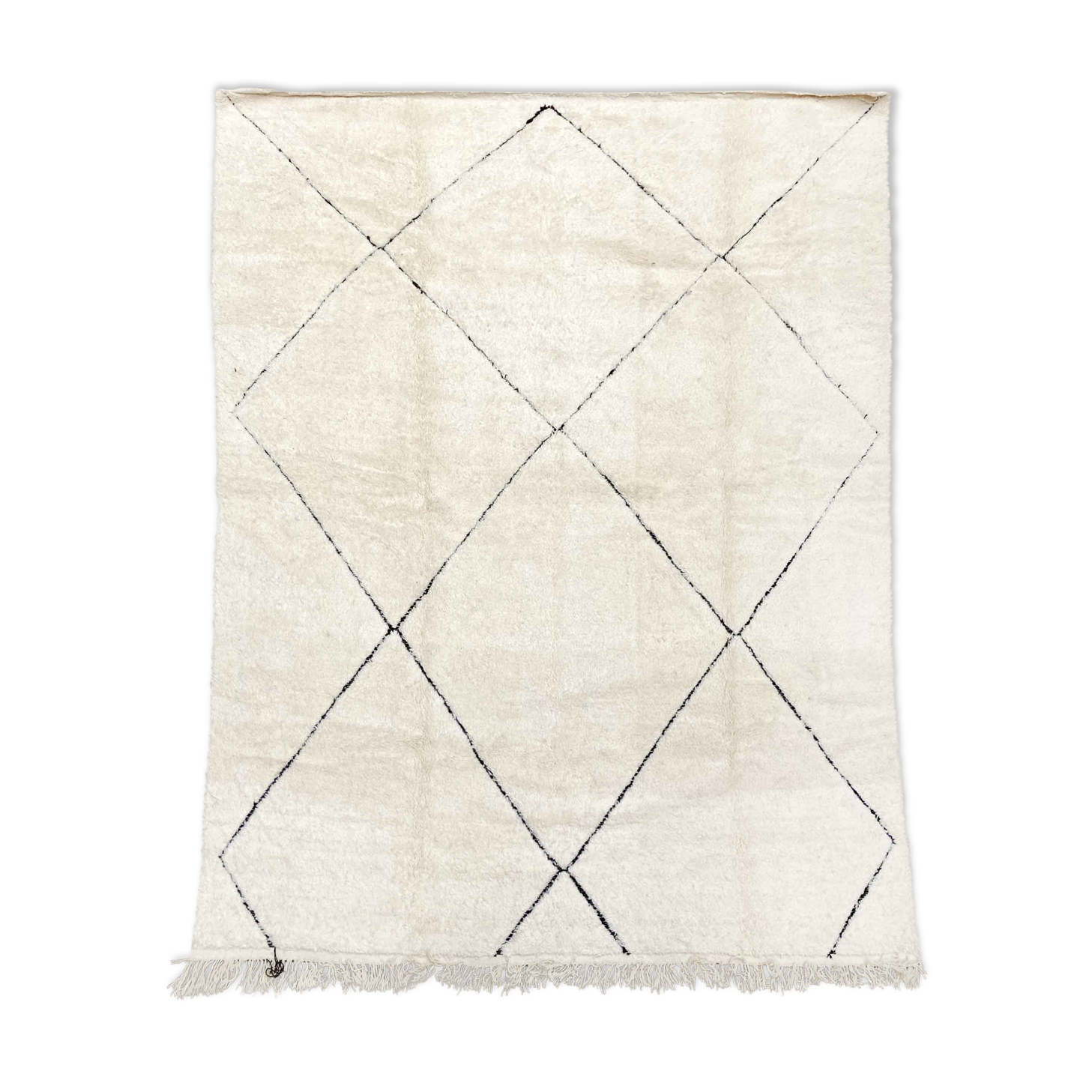 Tapis berbère marocain beni ouarain écru à losanges noirs gravés 366x271cm