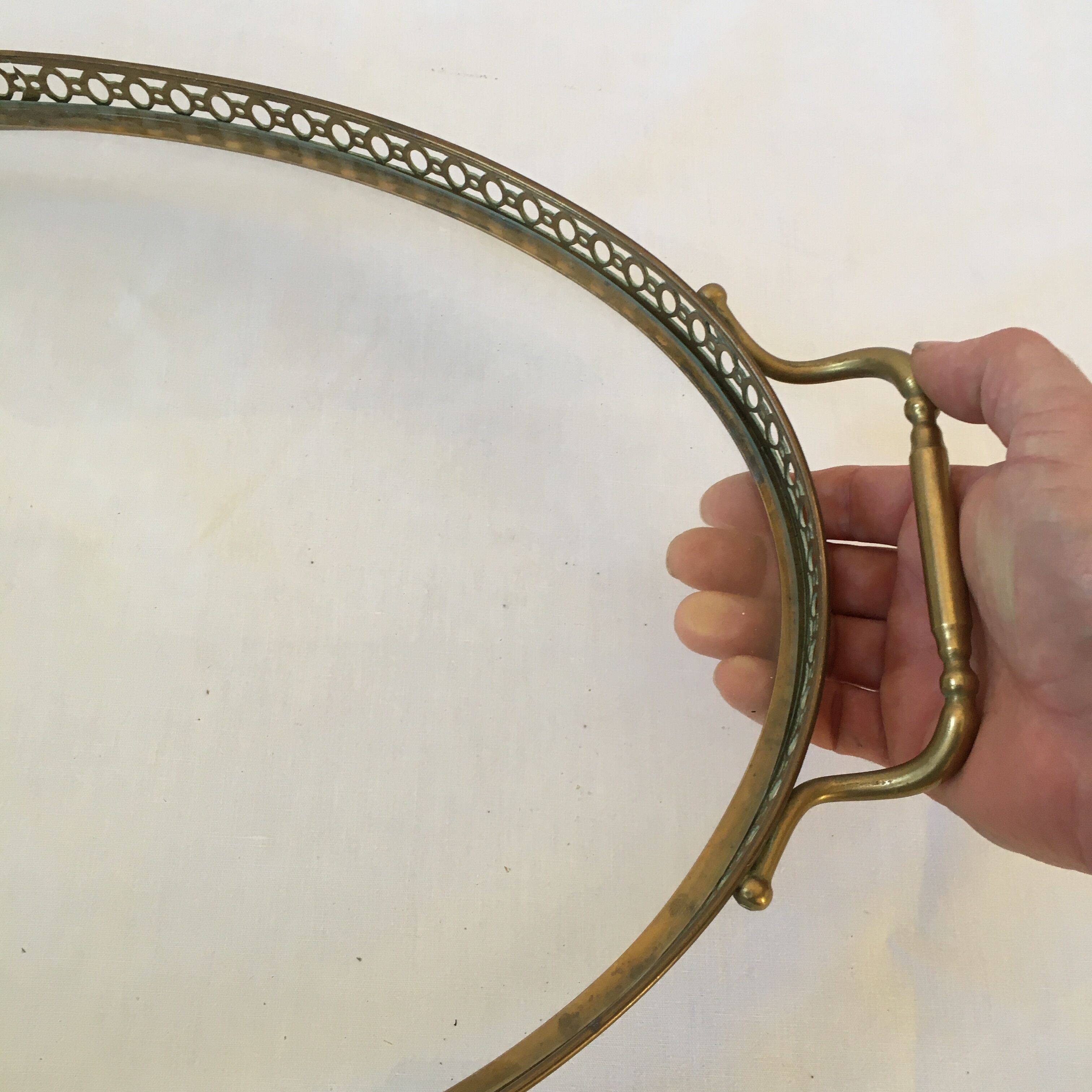 Old glass tray and brass gallery, first half 20th century