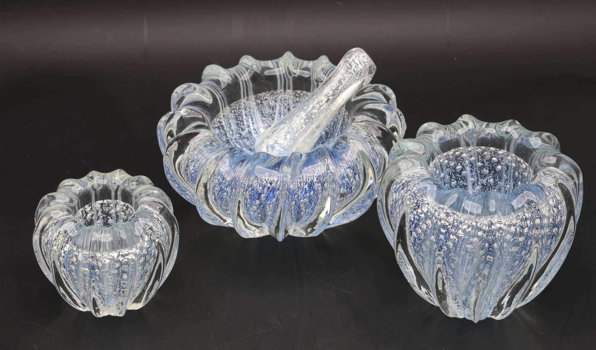 Set of 3 Blue Ercole Barovier "Bullicante" Murano Glass Vase for Barovier &