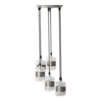 Chandelier 6 lights glass metal 1970s vintage modernism