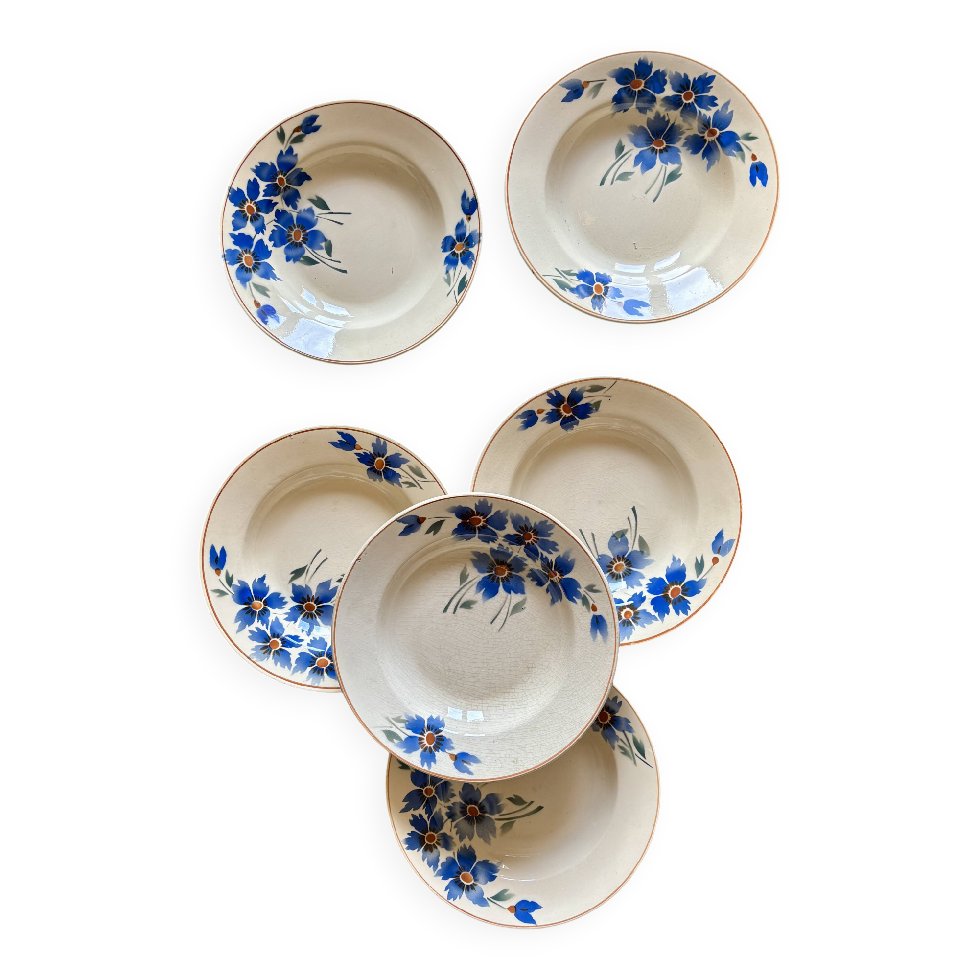 Set of 6 old-fashioned soup plates with blueberry decorations