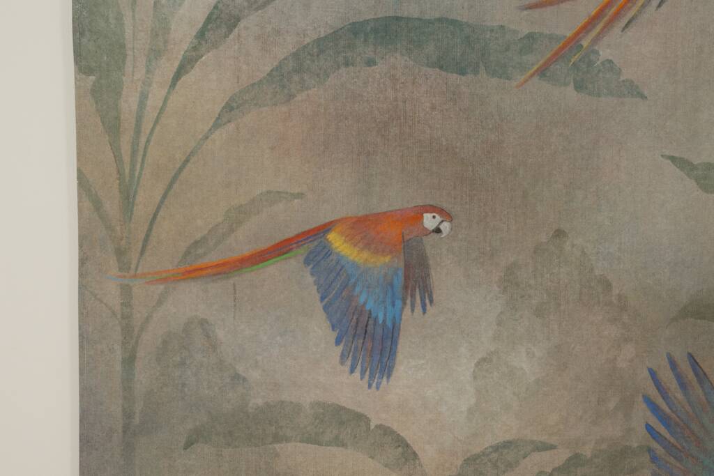 Painted canvas featuring parrots in a tropical forest. Contemporary.