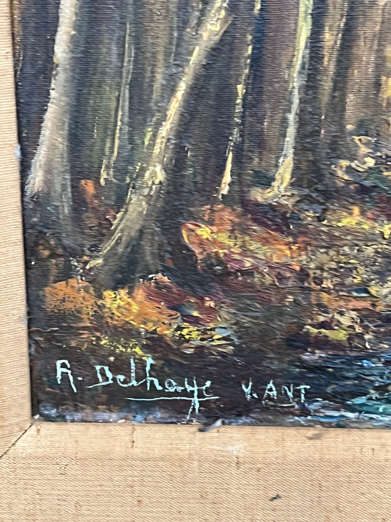 R. Delhaye. "Autumn forest landscape." Oil on canvas.