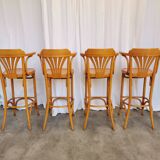 Ensemble de 4 chaises hautes de bar vintage en bois courbé avec accoudoirs / Couleur bois naturel