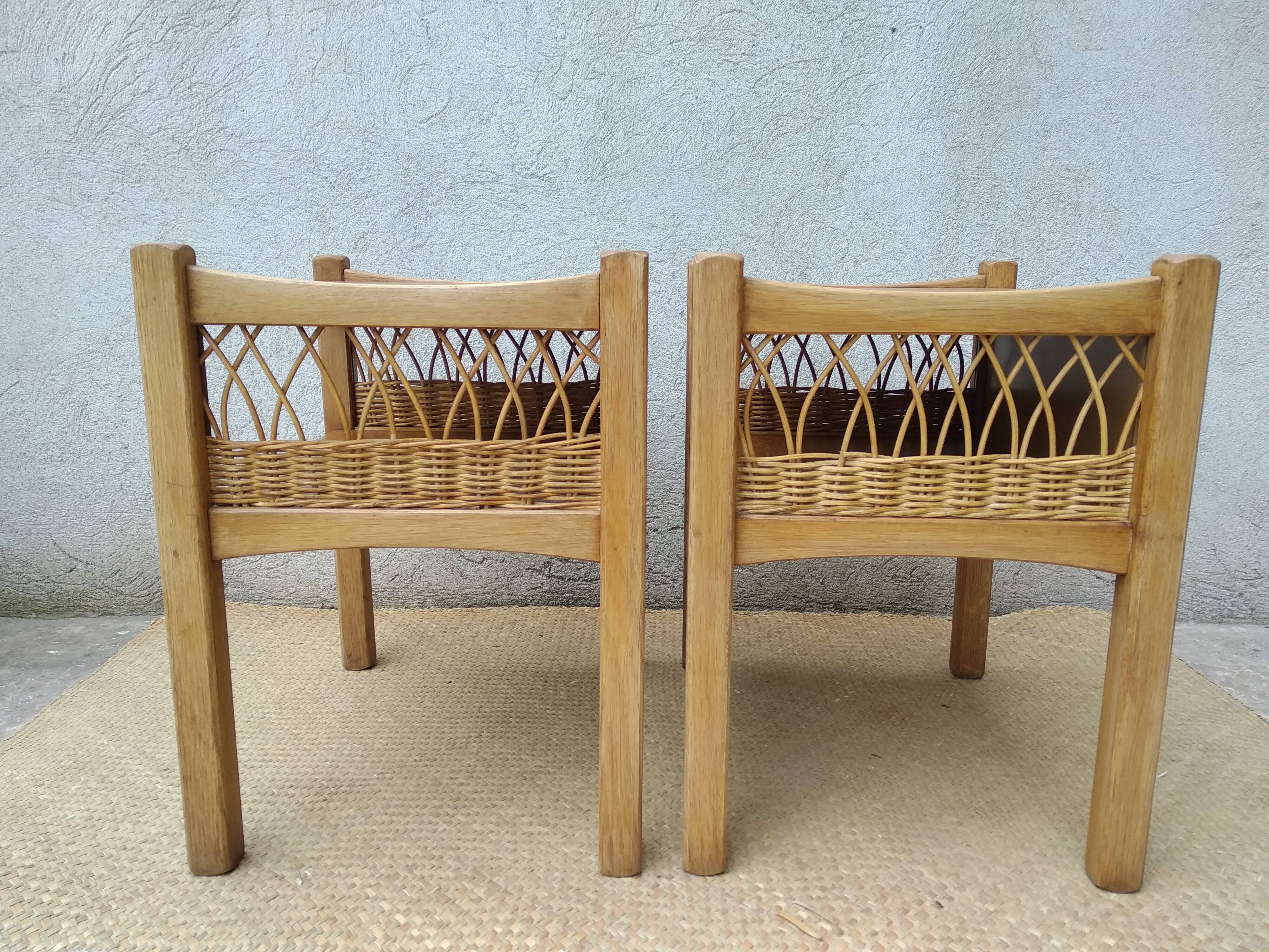Paire de chevets bois et rotin