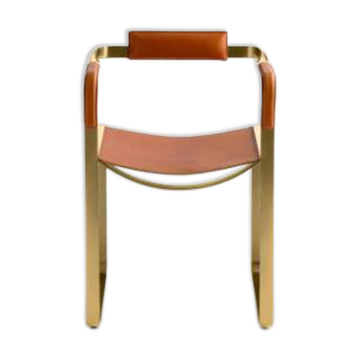 Armchair, Aged Brass Steel and Natural Tobacco Saddle Leather, Contemporary Style