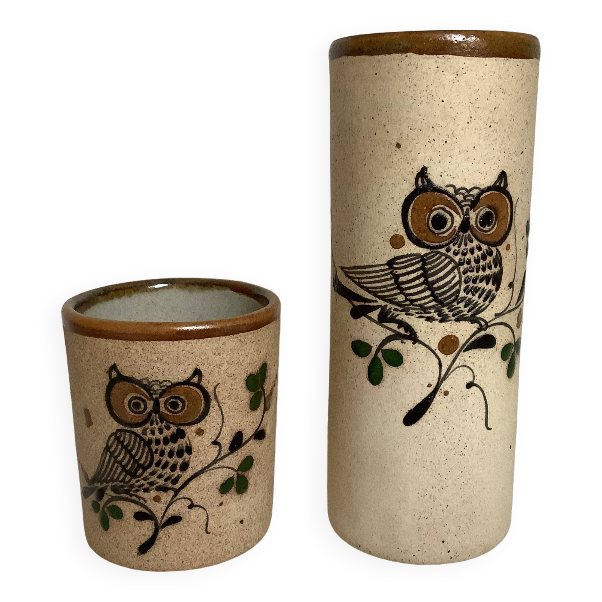 Pair of Mexican Tonala owl scroll vases