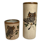 Pair of Mexican Tonala owl scroll vases