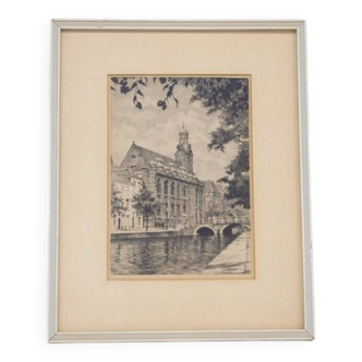 vintage etching of the city of Leiden