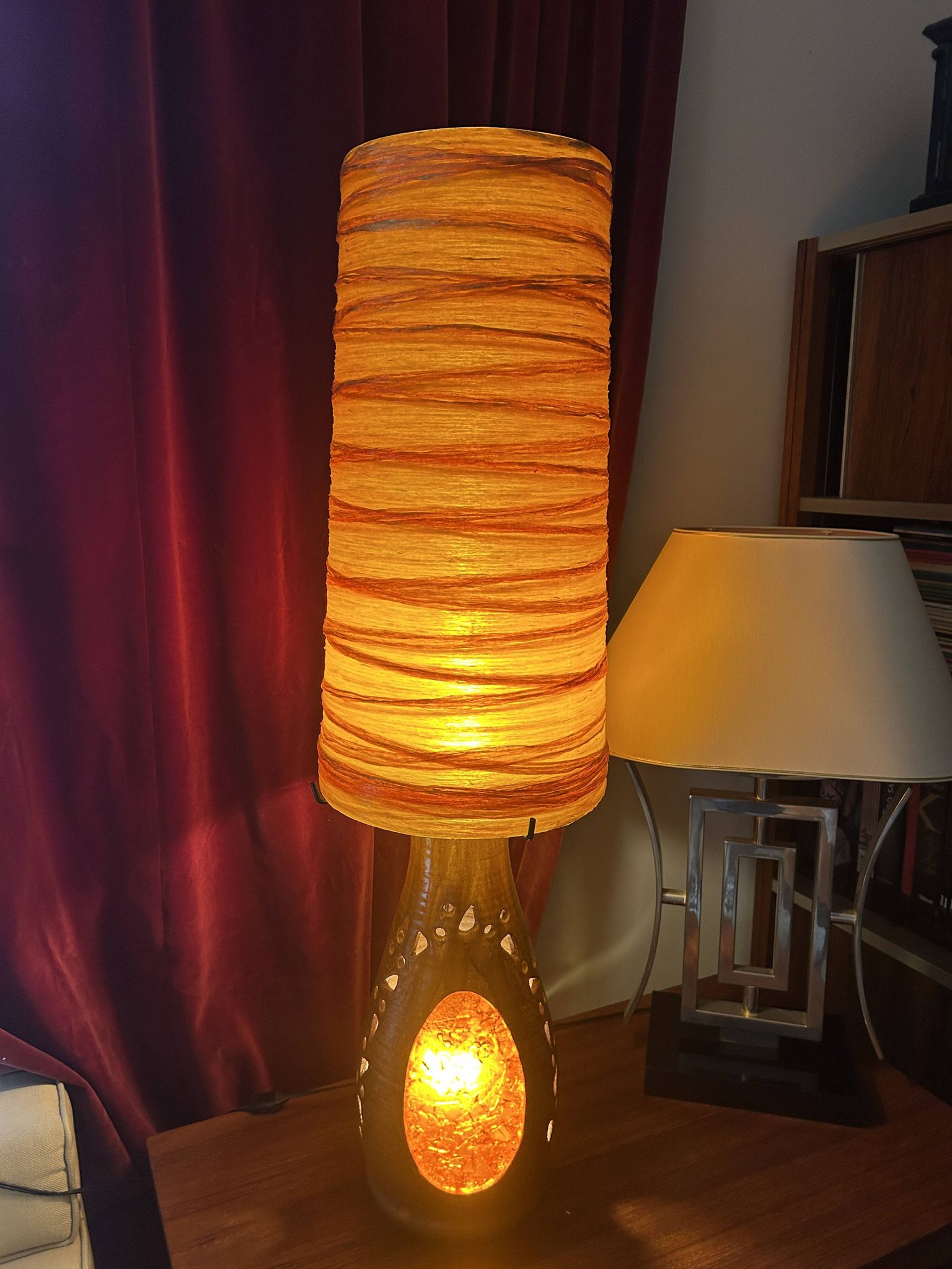 Lampe Accolay en terre cuite, abat jour résine à double éclairage, 1960