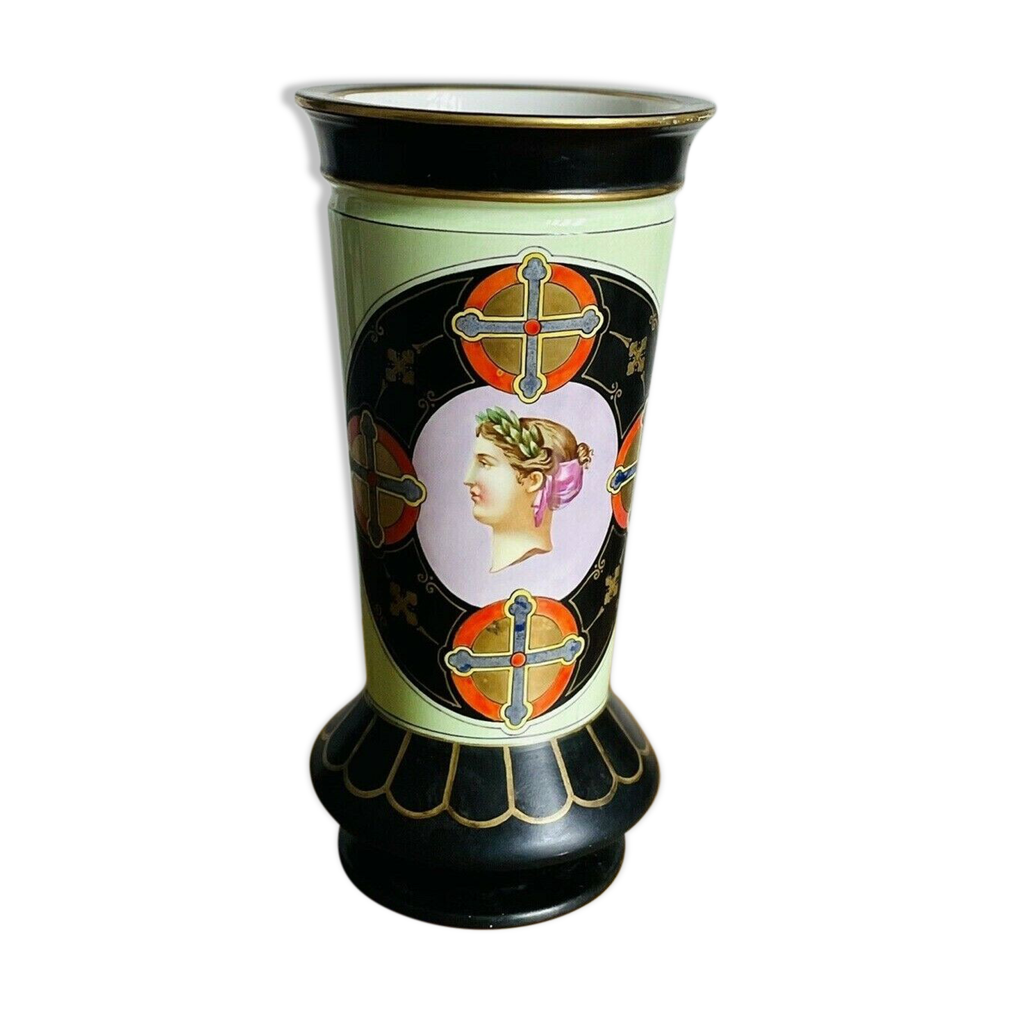 Grand Vase Lebœuf Millet & Cie décor Empire profile Roman woman on green background