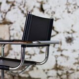 Cantilever armchair in chromed metal and black leather, 1970