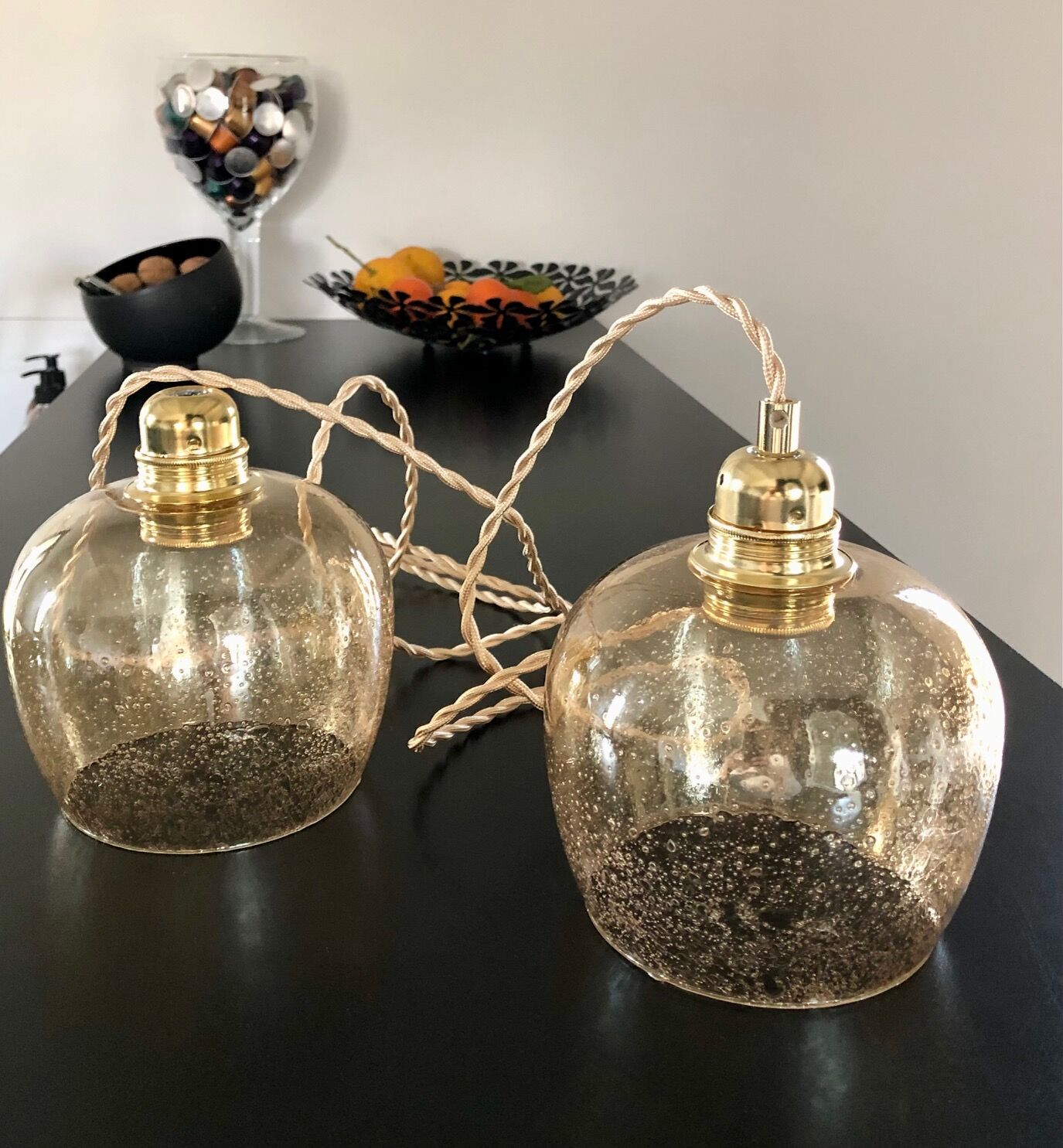 2 bubble blown glass pendant lamps