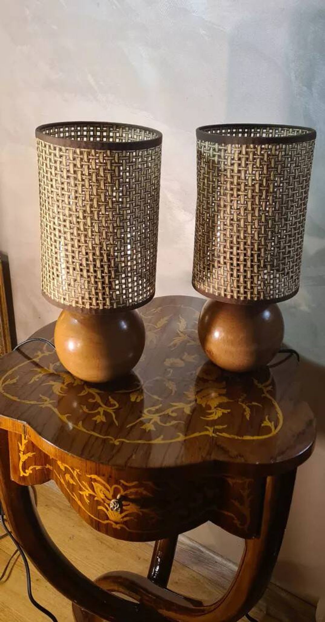 pair of Scandinavian wooden ball bedside lamps elec ok 32x14