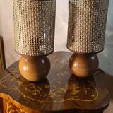 pair of Scandinavian wooden ball bedside lamps elec ok 32x14