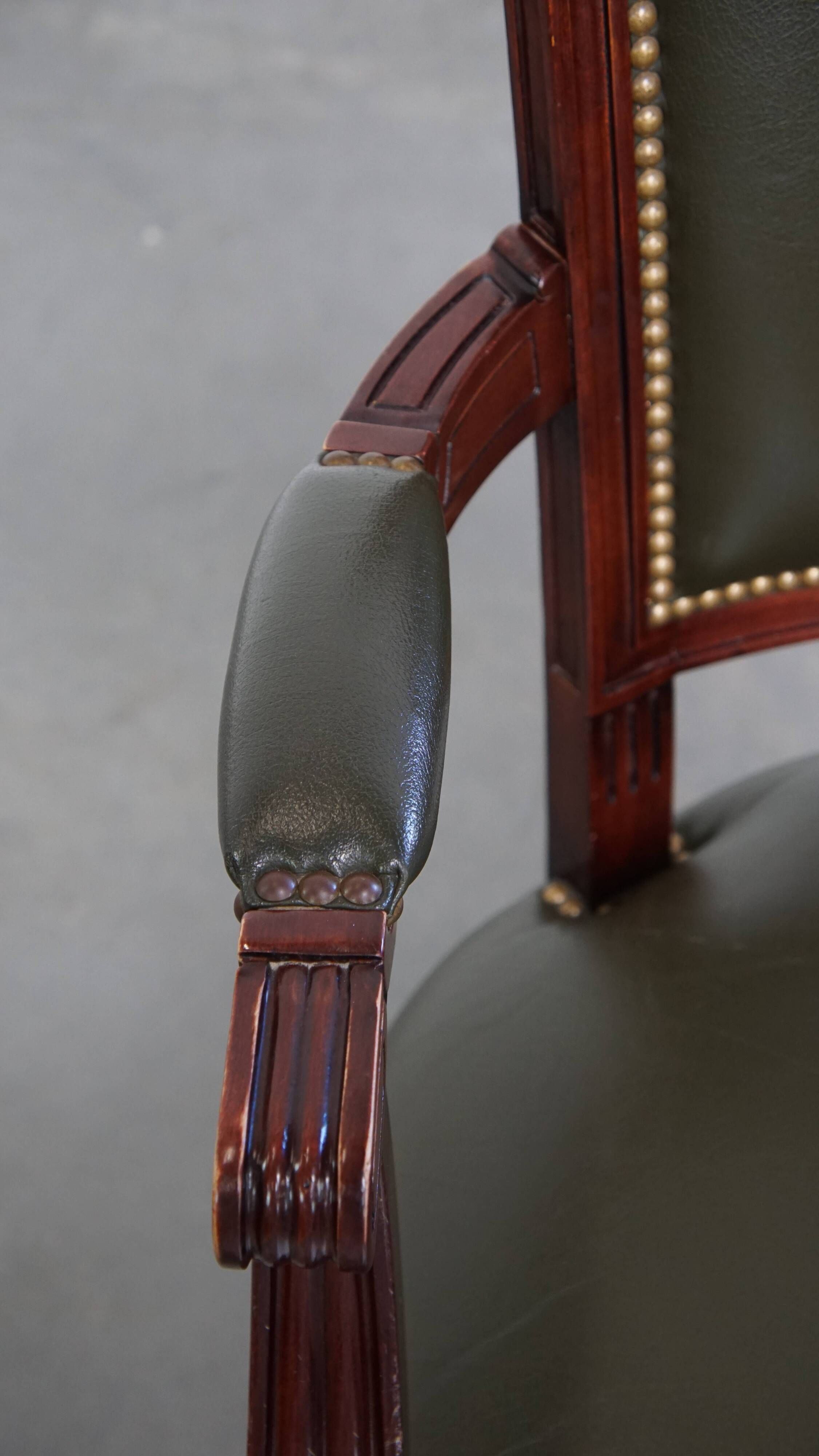 Green Cowhide Leather and Wooden Office Chair in English Style on Casters
