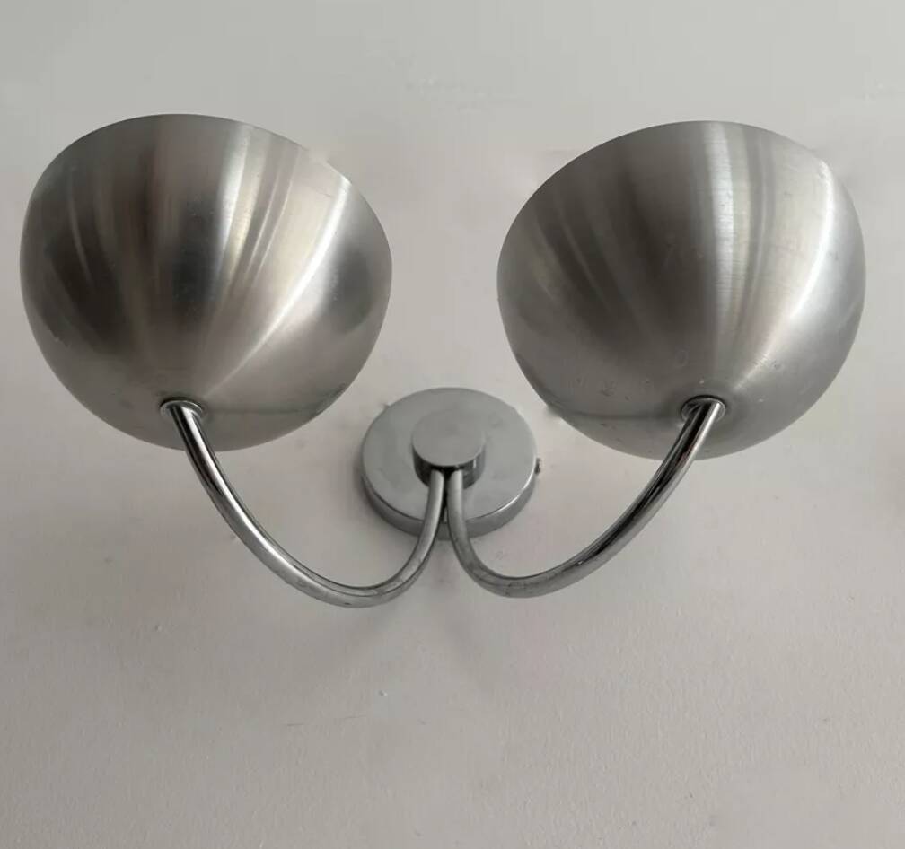 Pair of vintage double wall lights, brushed aluminum and chrome, France 1970