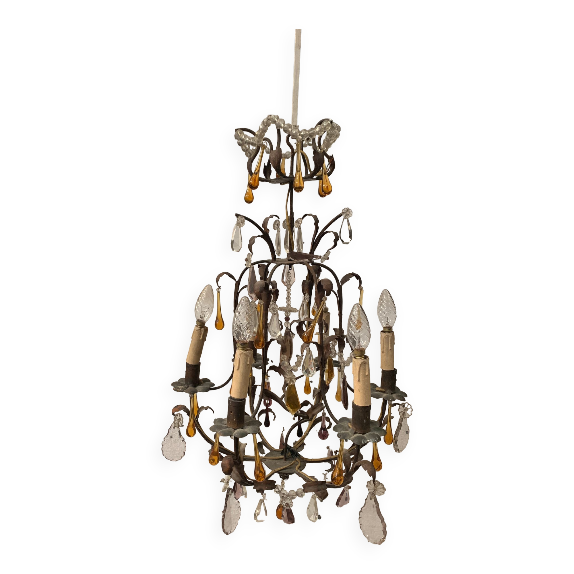 Louis XV style cage chandelier with pendants and drop of water XX century