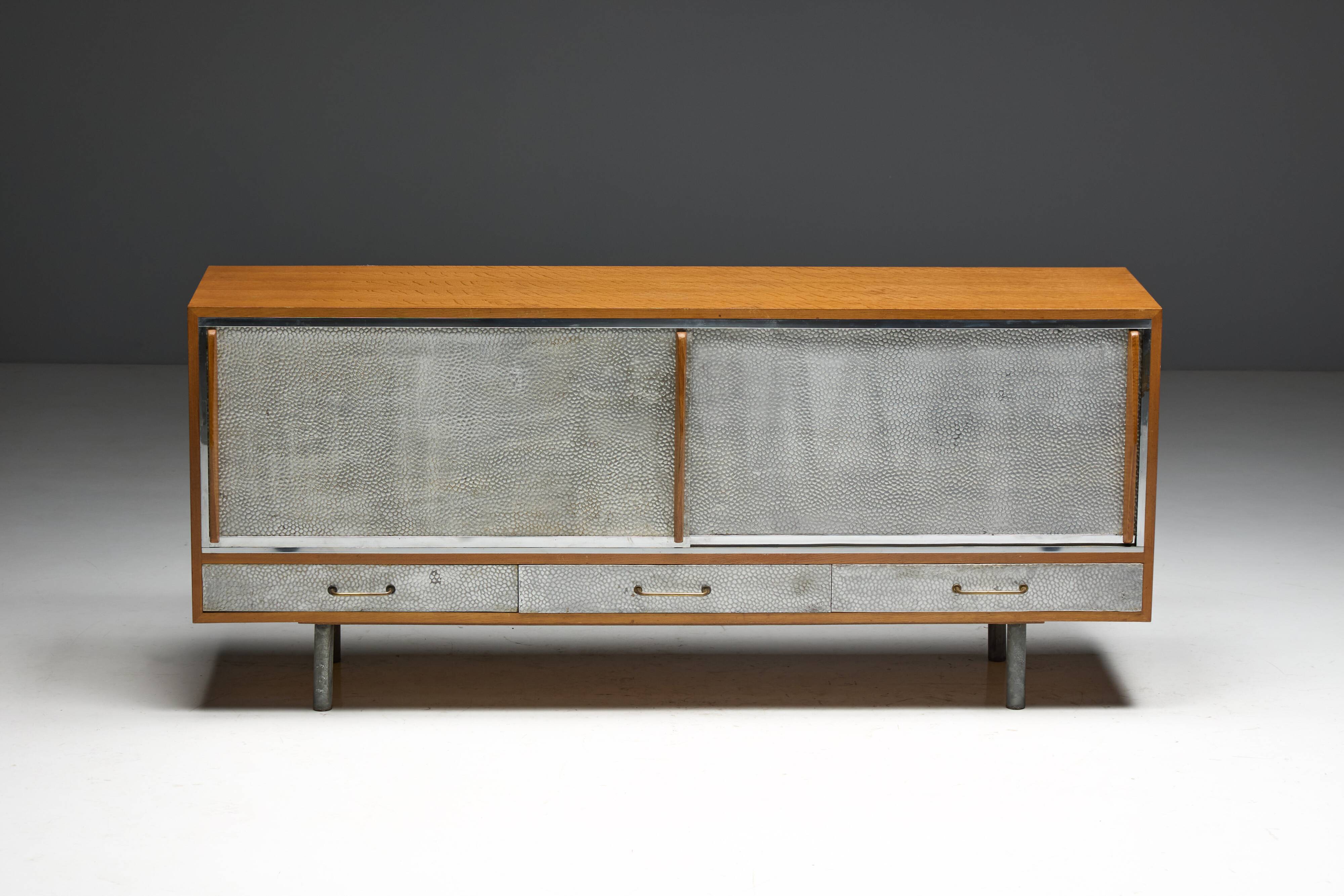 Mid-Century Modern Sideboard with Hammered Metal Façade, France, 1960s