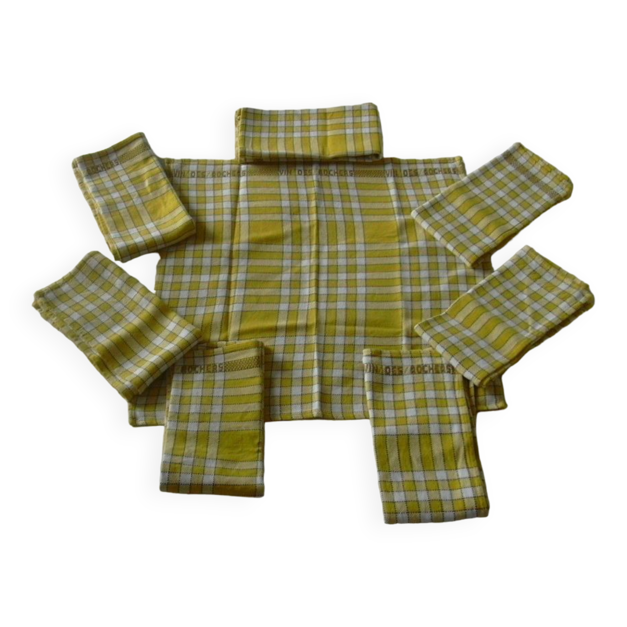 Vintage Vin de Rochers Yellow White Check Woven Cotton Napkins
