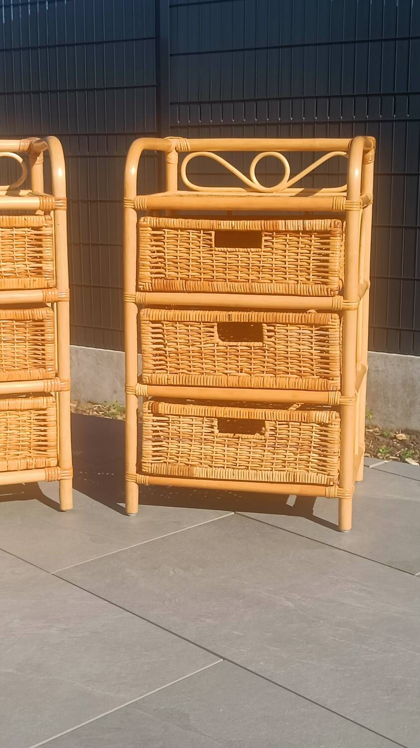 Vintage pair of bedside tables in rattan and cane – bohemian chic style