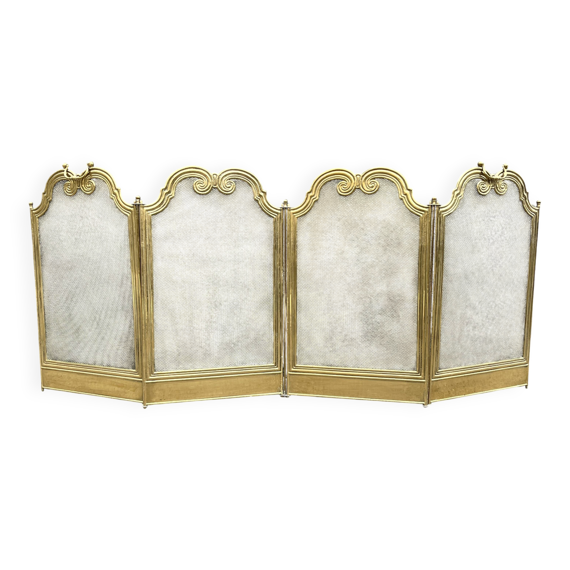 Antique brass fireplace screen from 1920, vintage spark guard.