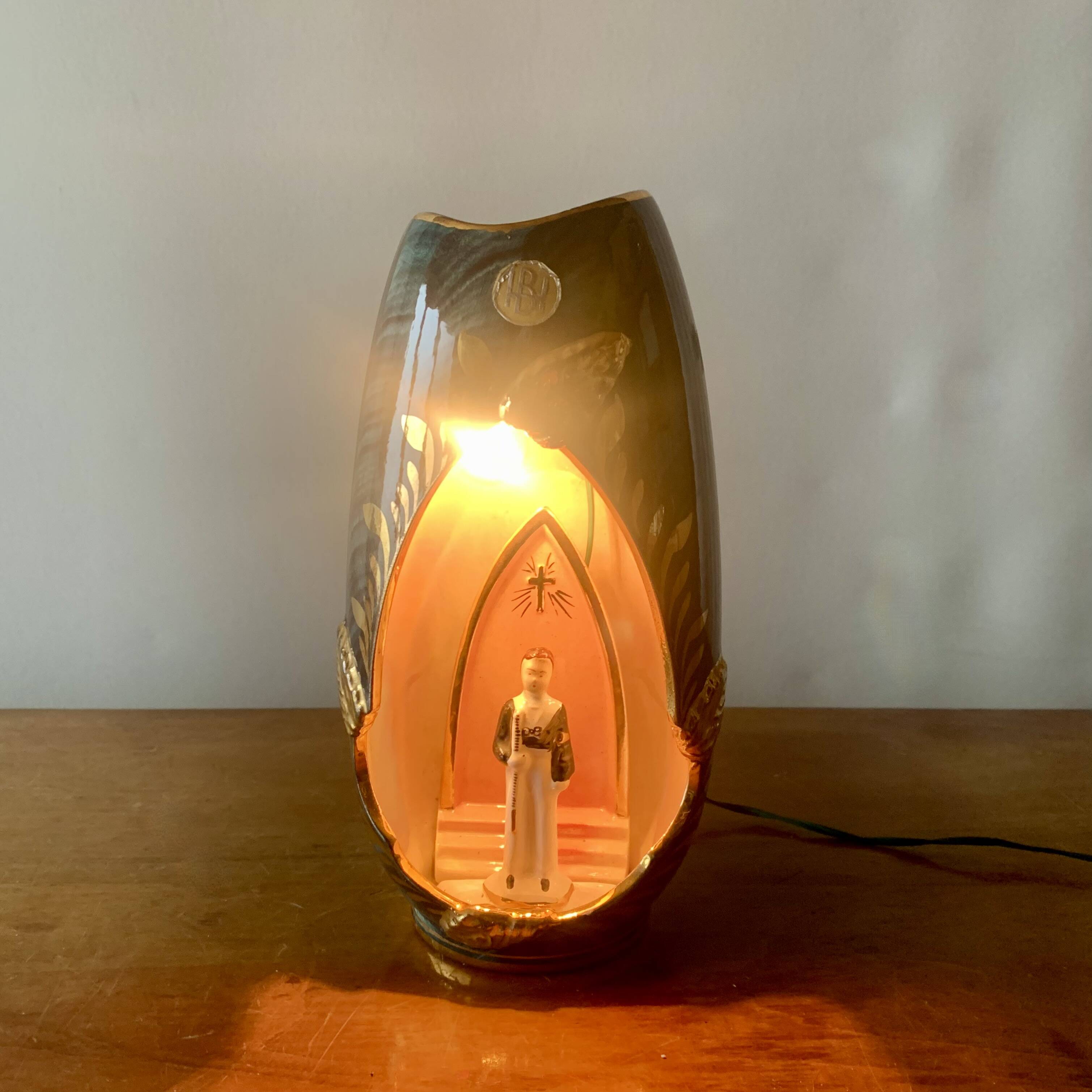 Old glazed ceramic bedside lamp - Bequet - Made in Belgium