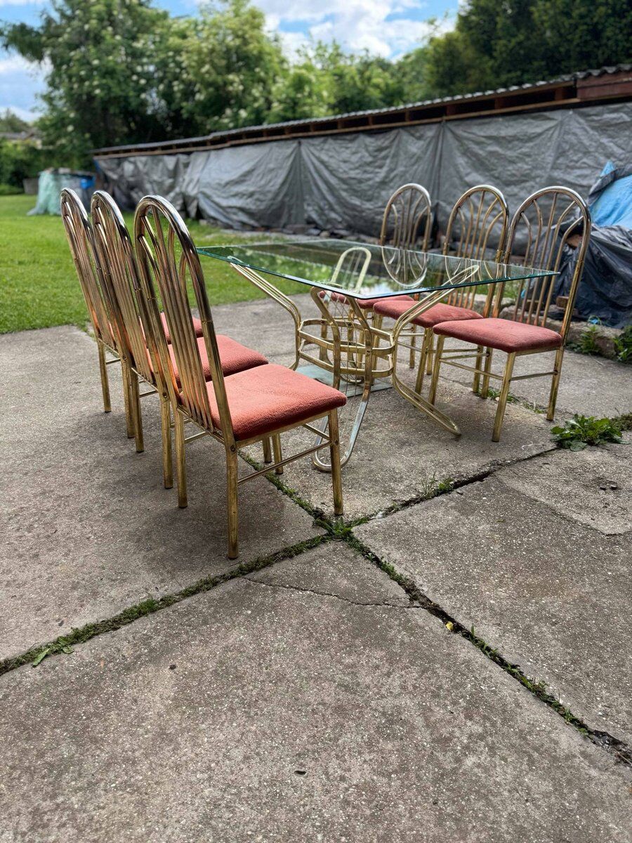 Italian brass dining table and chairs, 1970s, set of 7