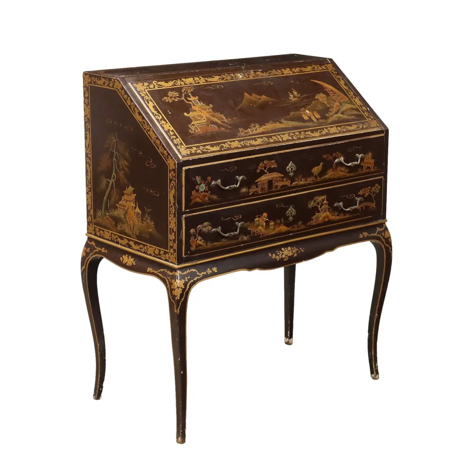Antique Chinese-style walnut drop-leaf secretary cabinet, Italy, 20th century.