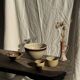 Large speckled beige salad bowl with ochre trim H14 D25