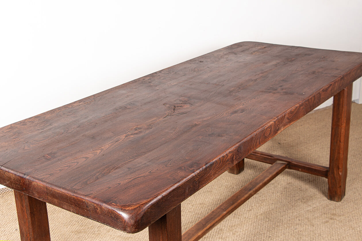 Large brutalist dining table in solid Elm, inspired by Olavi Hanninen, 1960.