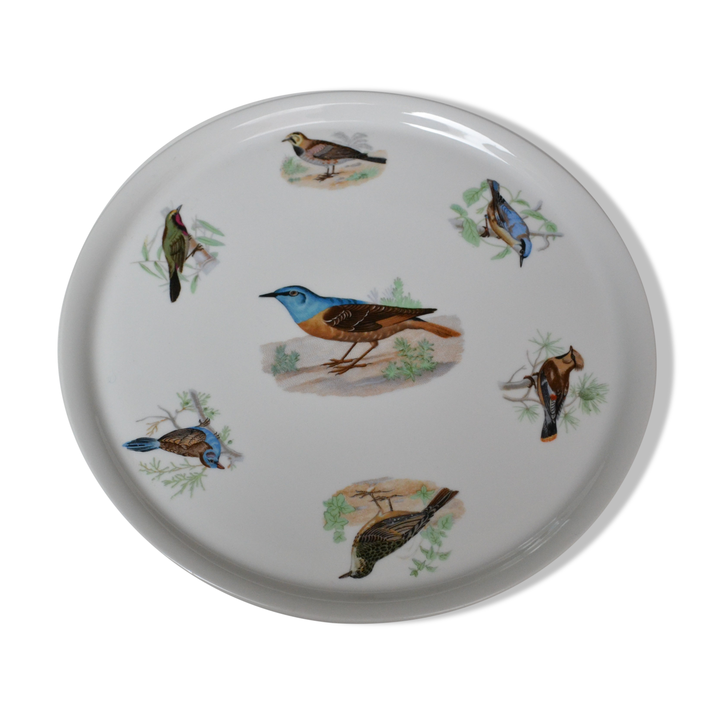 Pie dish Porcelaine du Berry L. Lourioux motif birds aviary