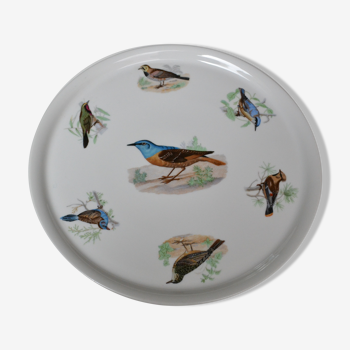 Plat à tarte Porcelaine du Berry L. Lourioux motif oiseaux volière