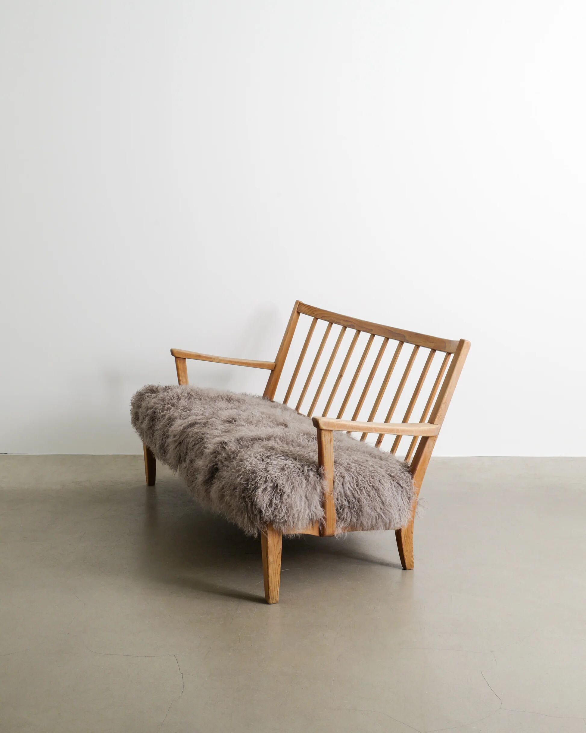Early Swedish Modern Wooden Pine Sheepskin Sofa by Carl Malmsten, 1940s