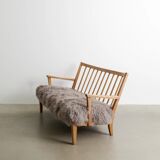 Early Swedish Modern Wooden Pine Sheepskin Sofa by Carl Malmsten, 1940s