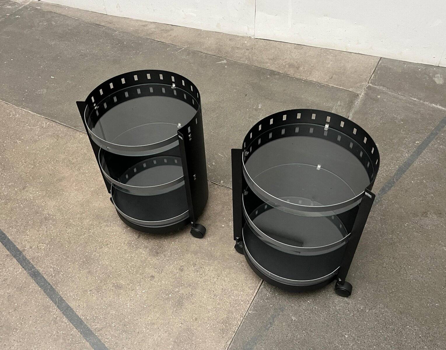 Postmodern German side tables in rolling metal and glass by D-Tec, 1980s, set of 2.