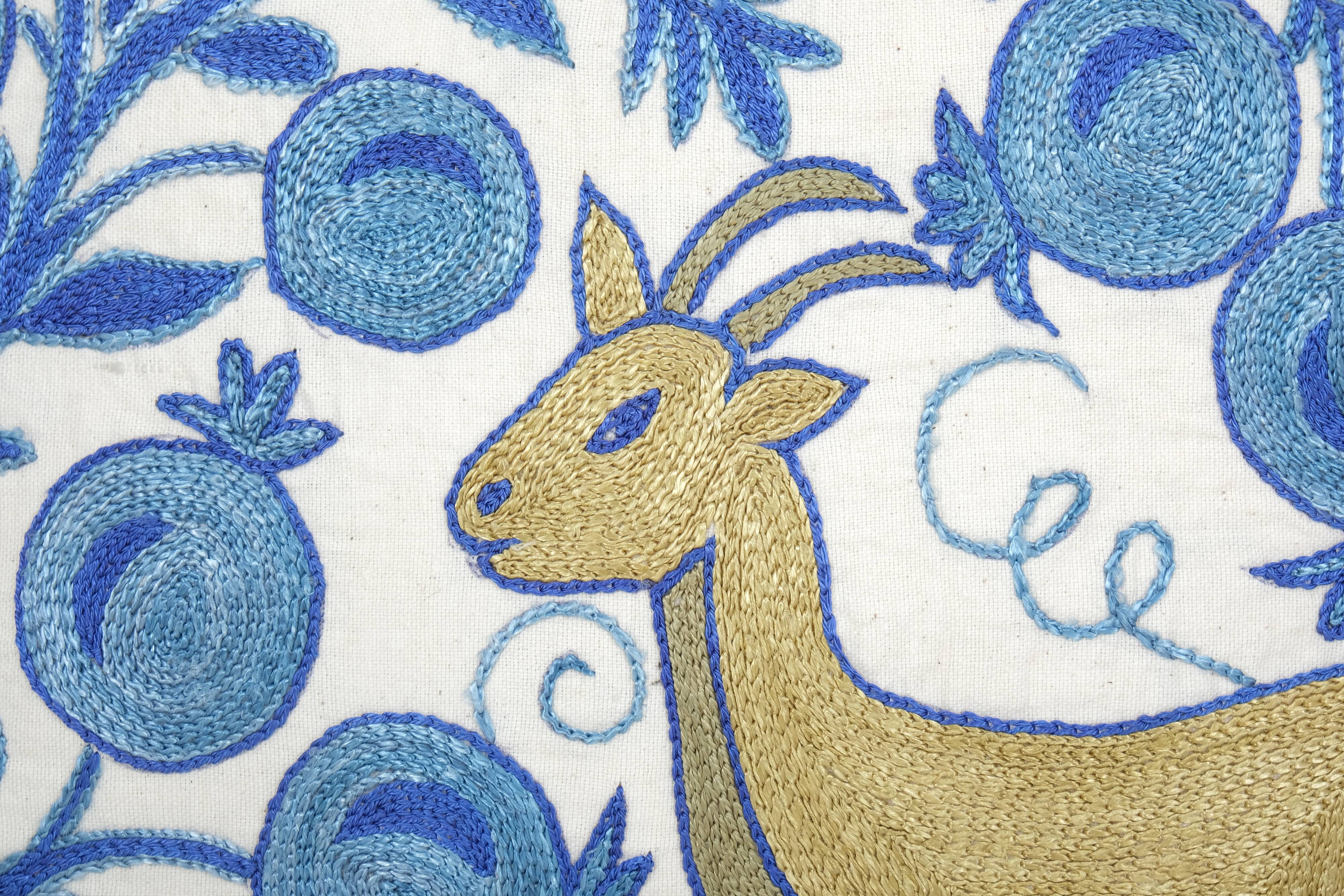 Uzbek Suzani Square Cushion Cover with Animal Motif, Tree of life Deer Pictorial Suzani Pillow Case