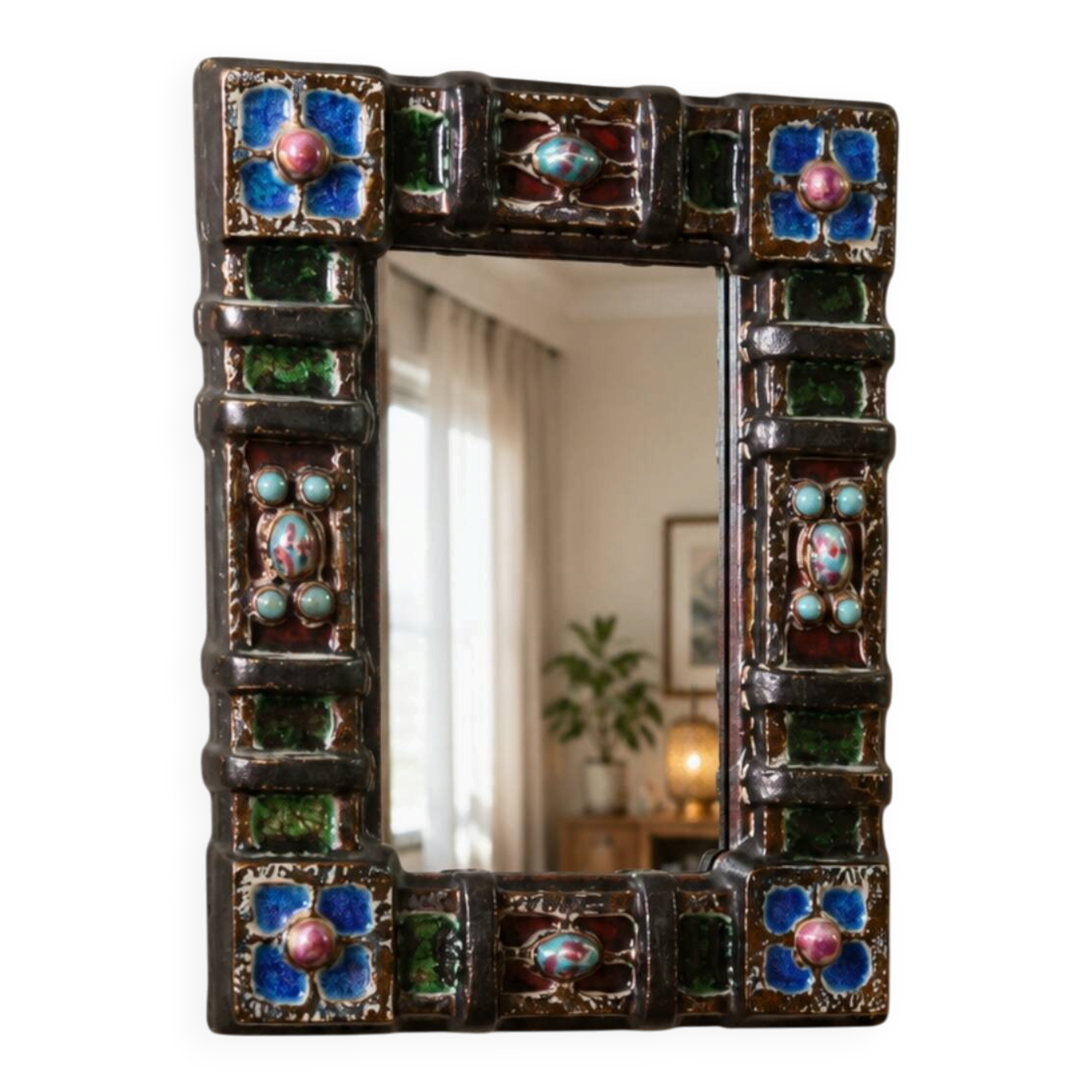 Polychrome ceramic mirror with cabochons — Jules Guérin