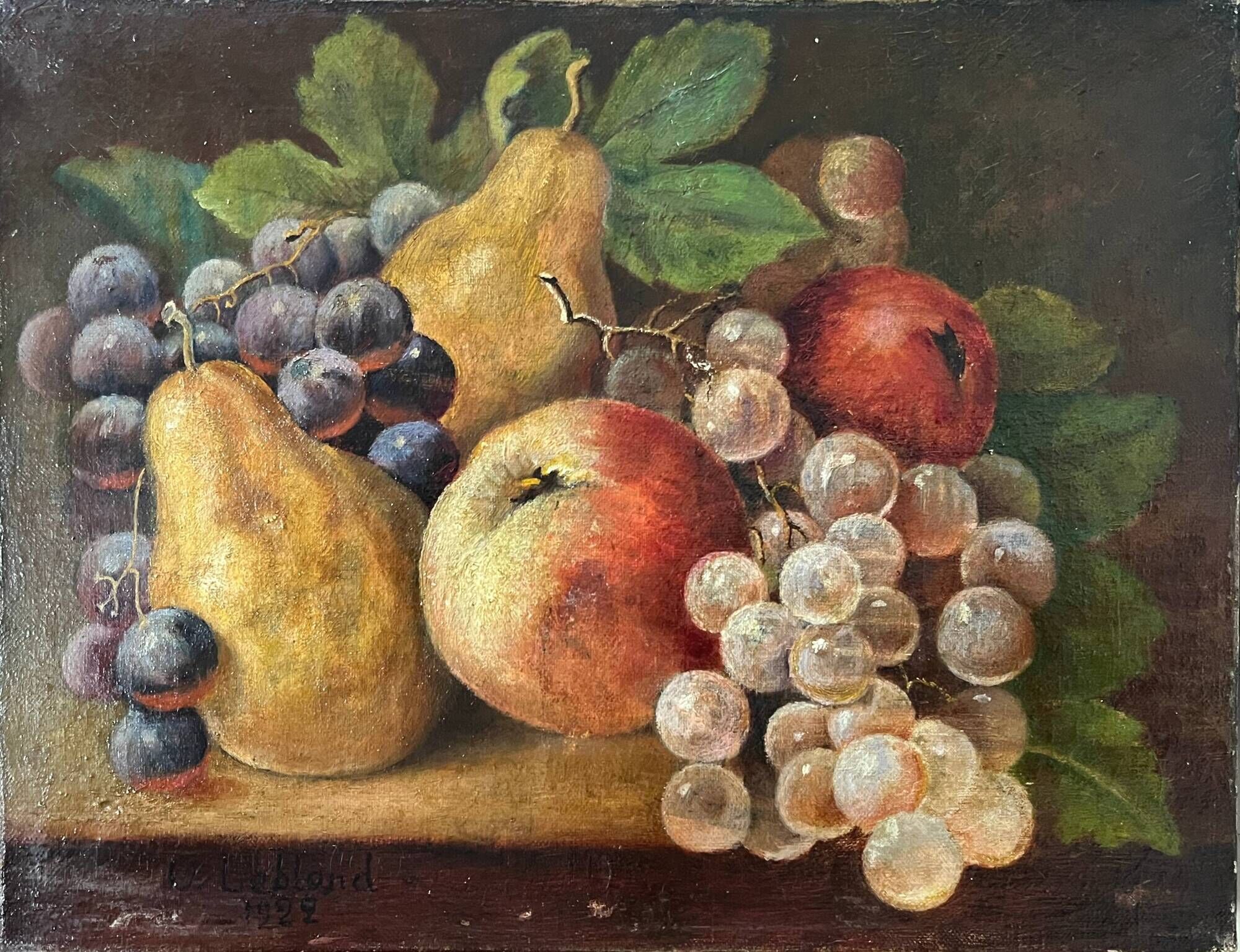Antique oil painting on canvas "Still Life with Fruit" signed O. Leblond 1922