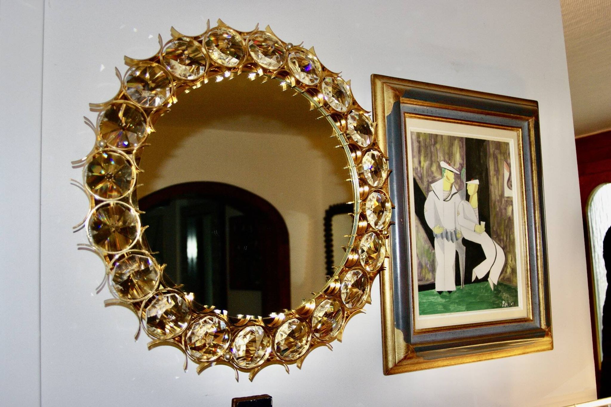 Vintage circular mirror in gold brass by christoph palma austria 1960