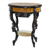 Table de couture incrustée en divers bois, années 1890