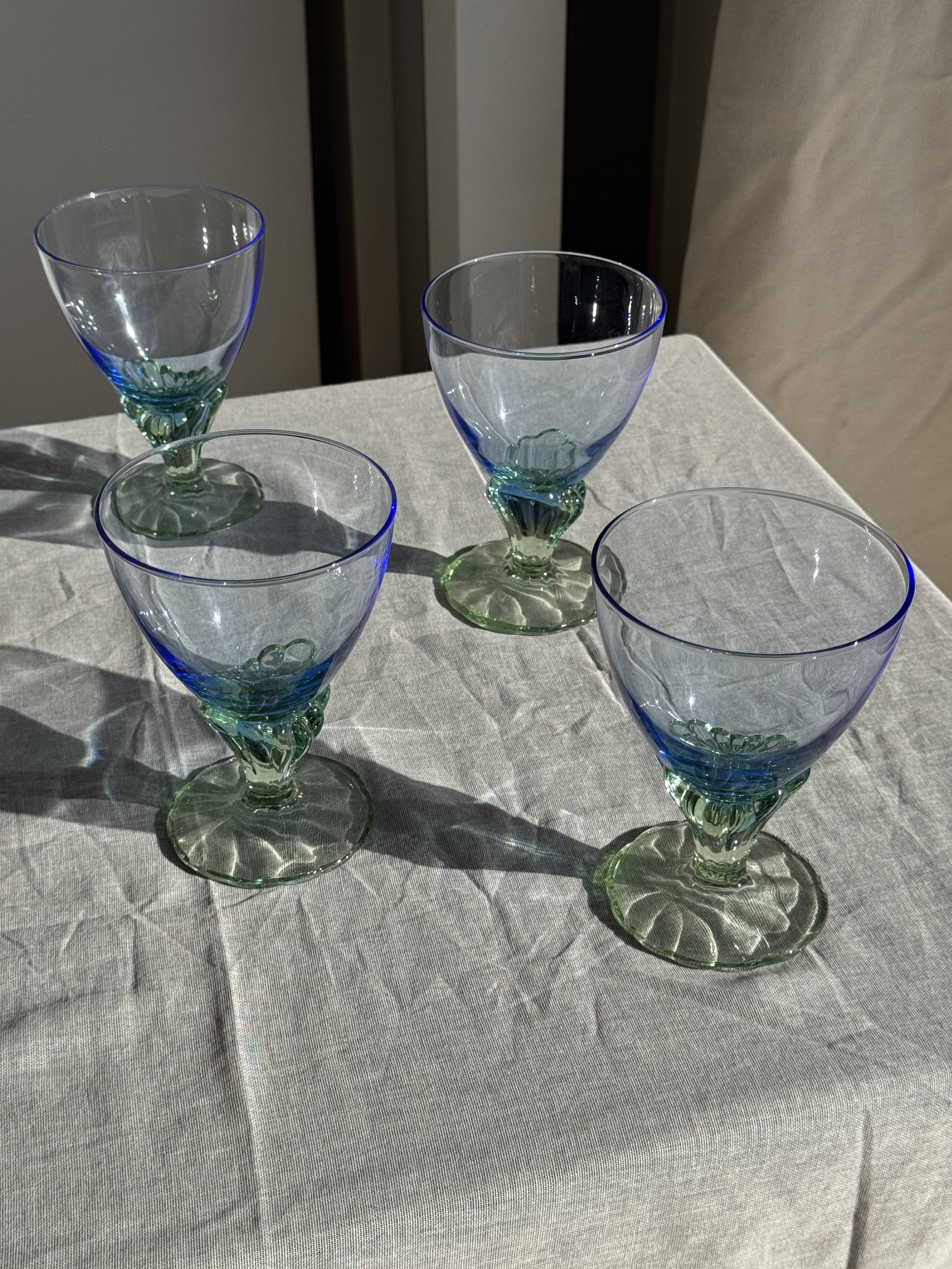 Set of 4 large blue and green glasses H14 D10