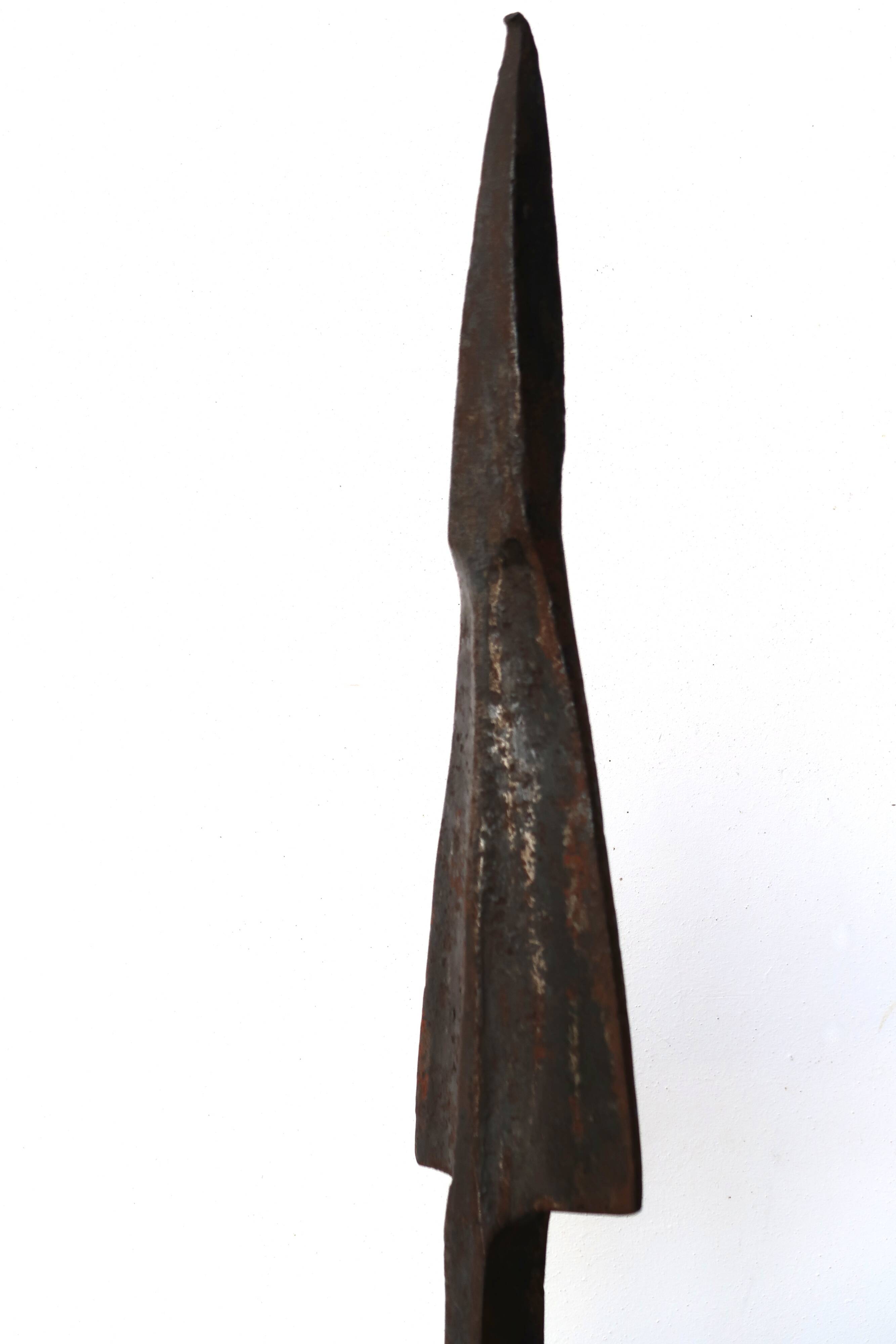 Imposing brutalist wrought iron candlestick "spear", signed, 1950s.