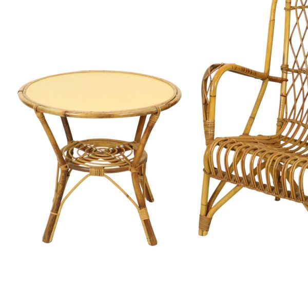 Ensemble vintage en rotin, chaises, fauteuils, table, design bohème, années 60