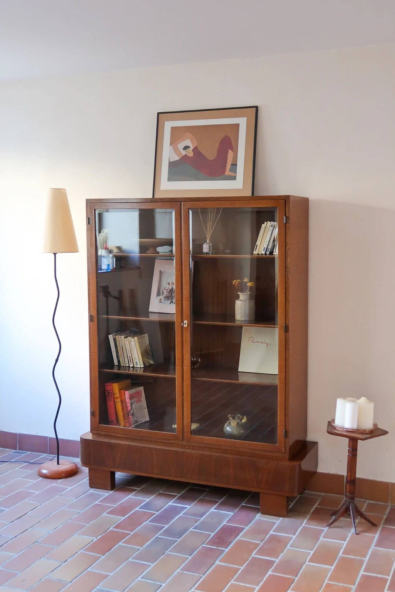 Glass library in walnut, Art Deco style, 1960s