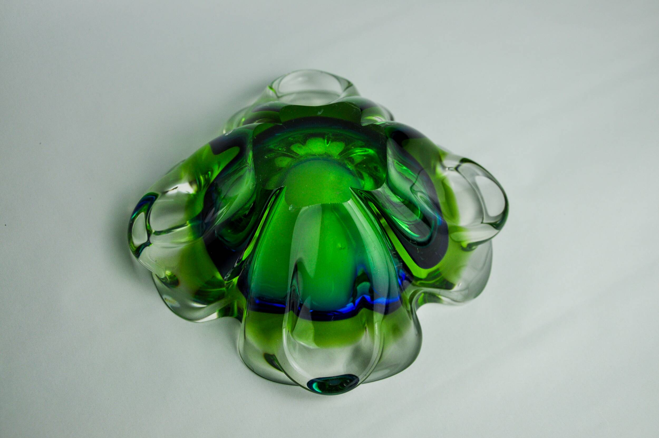 Sommerso green and blue pocket emptier by Flavio Poli for Seguso, Murano glass, Italy, 1970