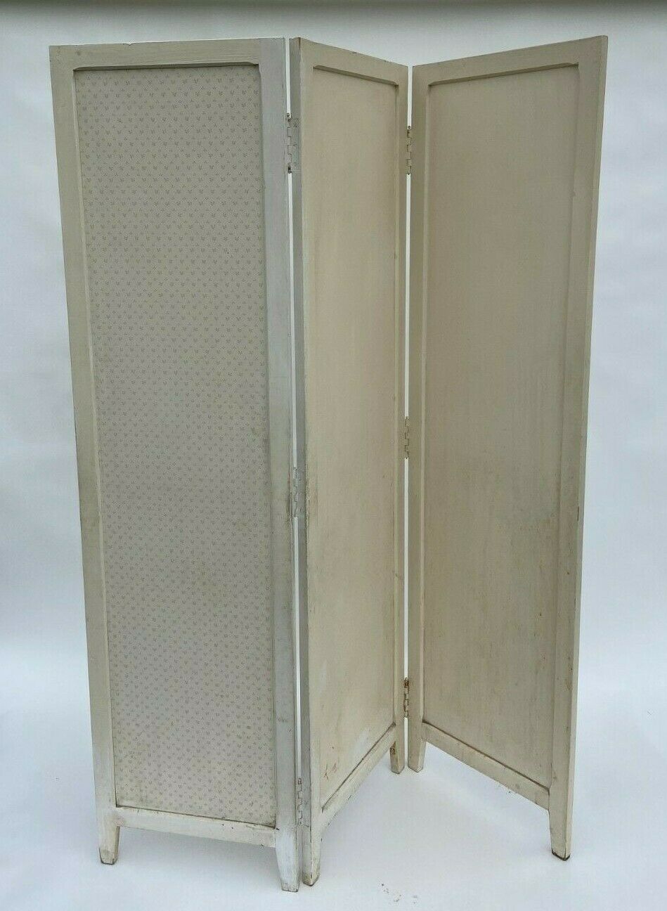 Paravent 3 vantaux 1920 patine creme en bois papier colle