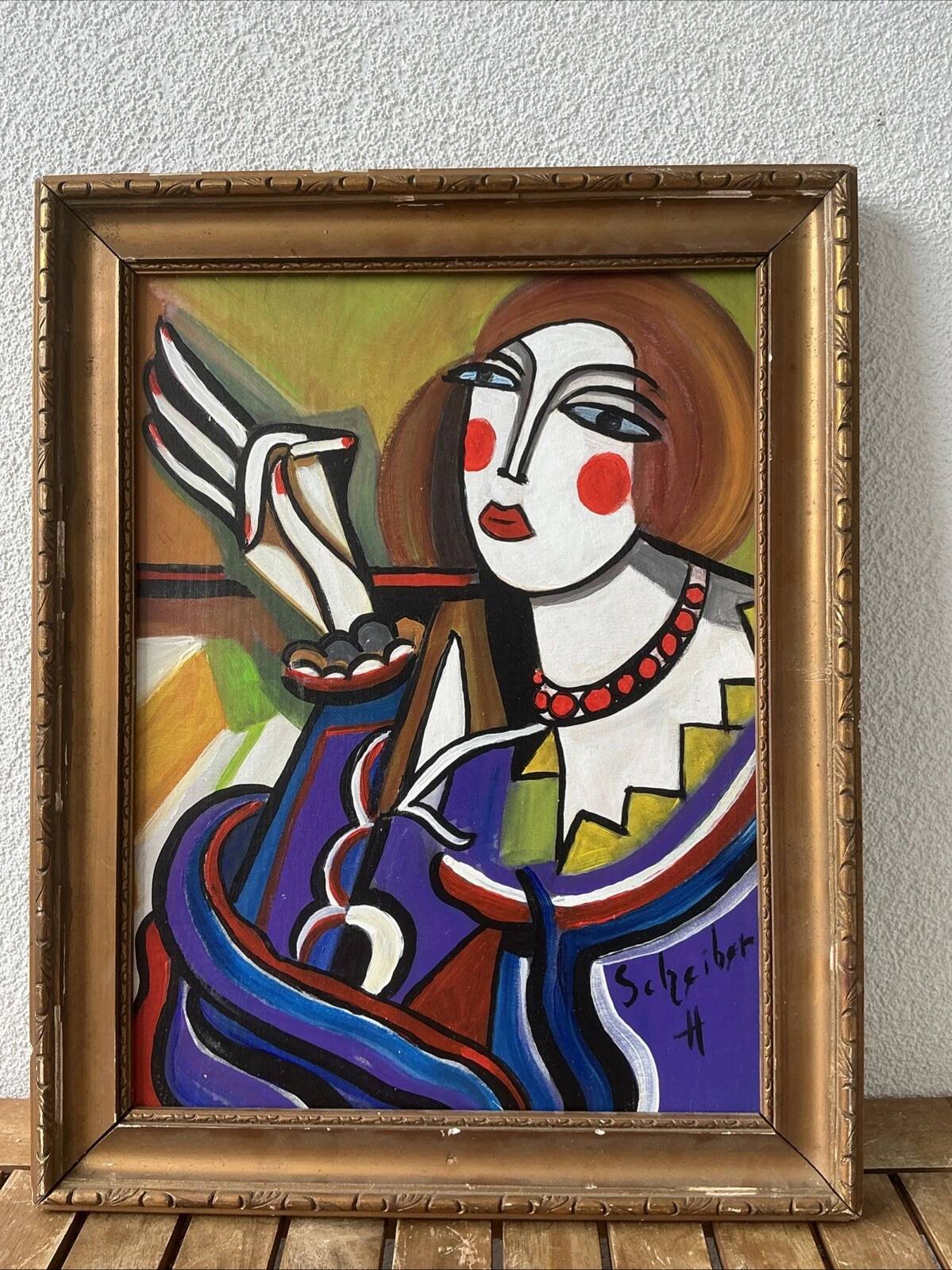 Vintage portrait de style hugó scheiber | expressionniste cubisme femme peinture à l’huile